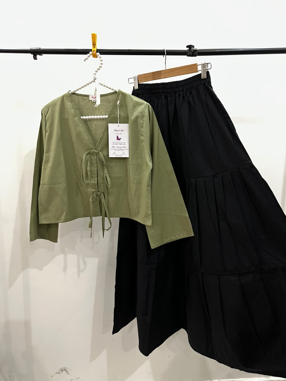 Summer Olive V-Neck Top & Black Tiered Skirt