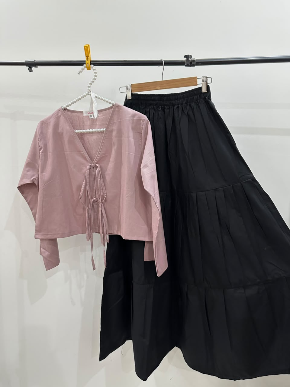 Summer Rose Pink V-Neck Top & Black Tired Skirt