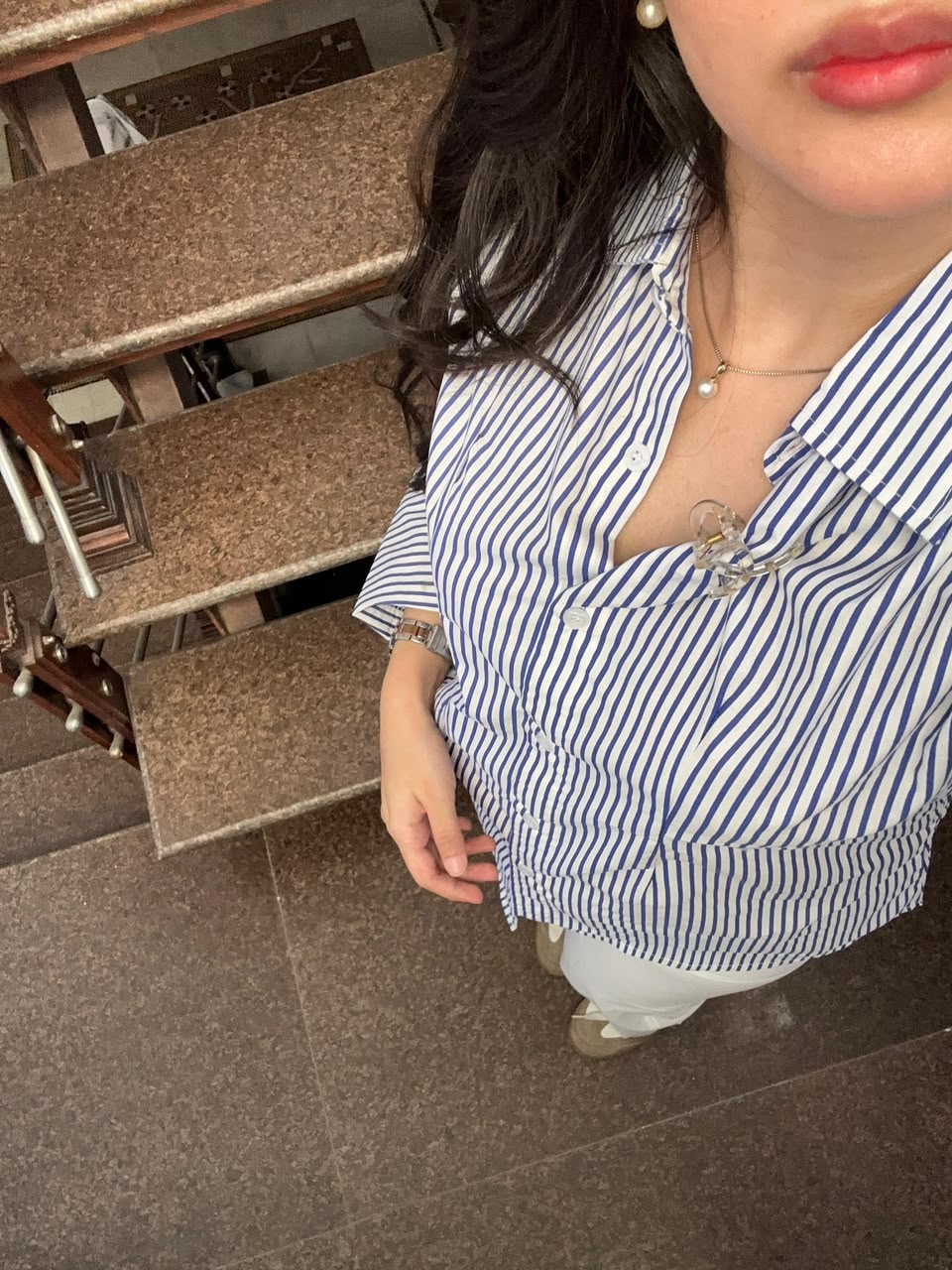 Corset Blue Lining Shirt & White Cotton Wide-Leg Jeans