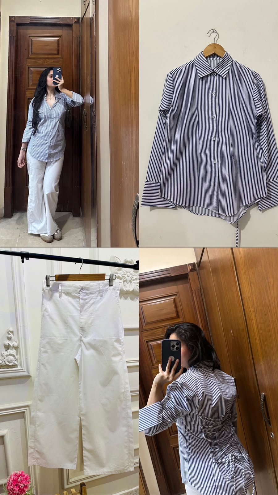 Corset Blue Lining Shirt & White Cotton Wide-Leg Jeans