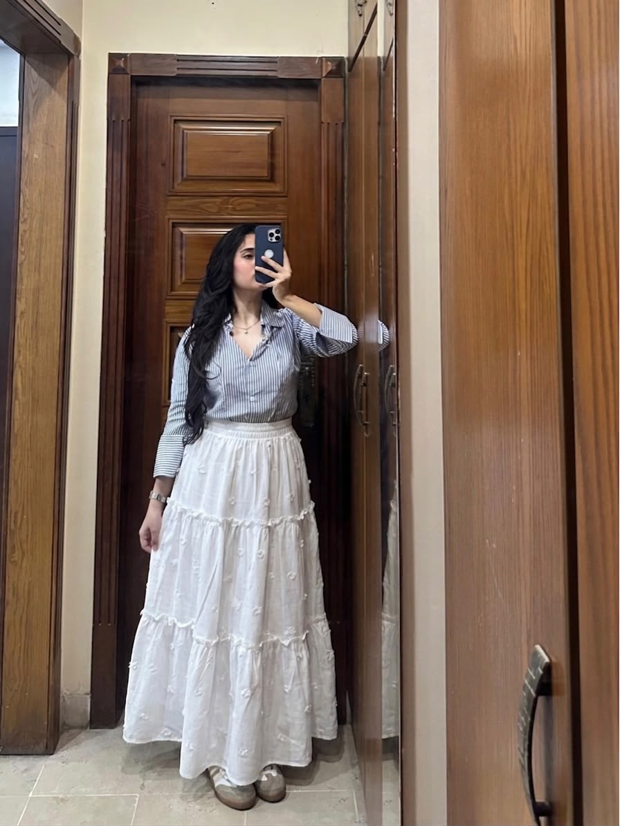 Blue Corset Lining Shirt & White Tired Skirt