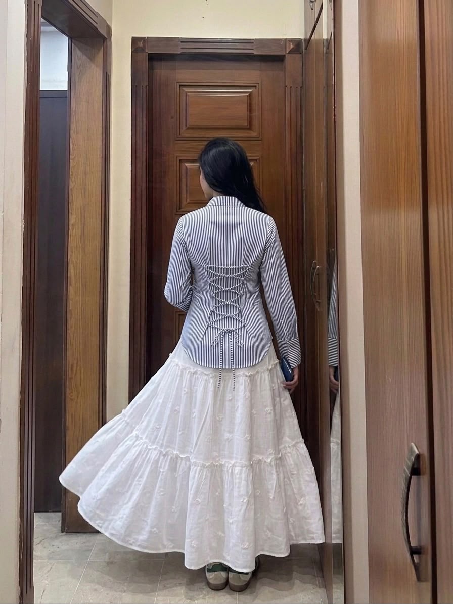Blue Corset Lining Shirt & White Tired Skirt