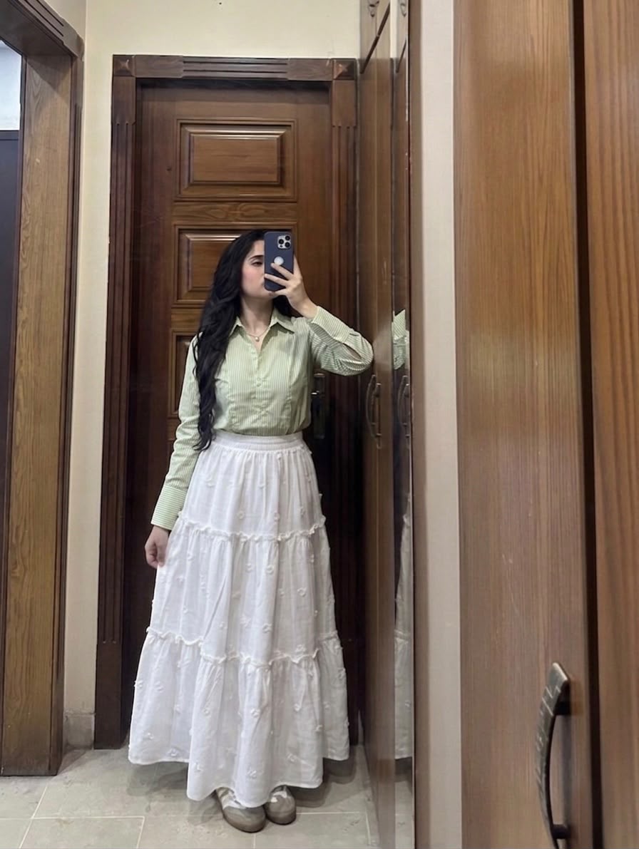 Summer Pistachio Corset Lining Shirt & White Tiered Skirt