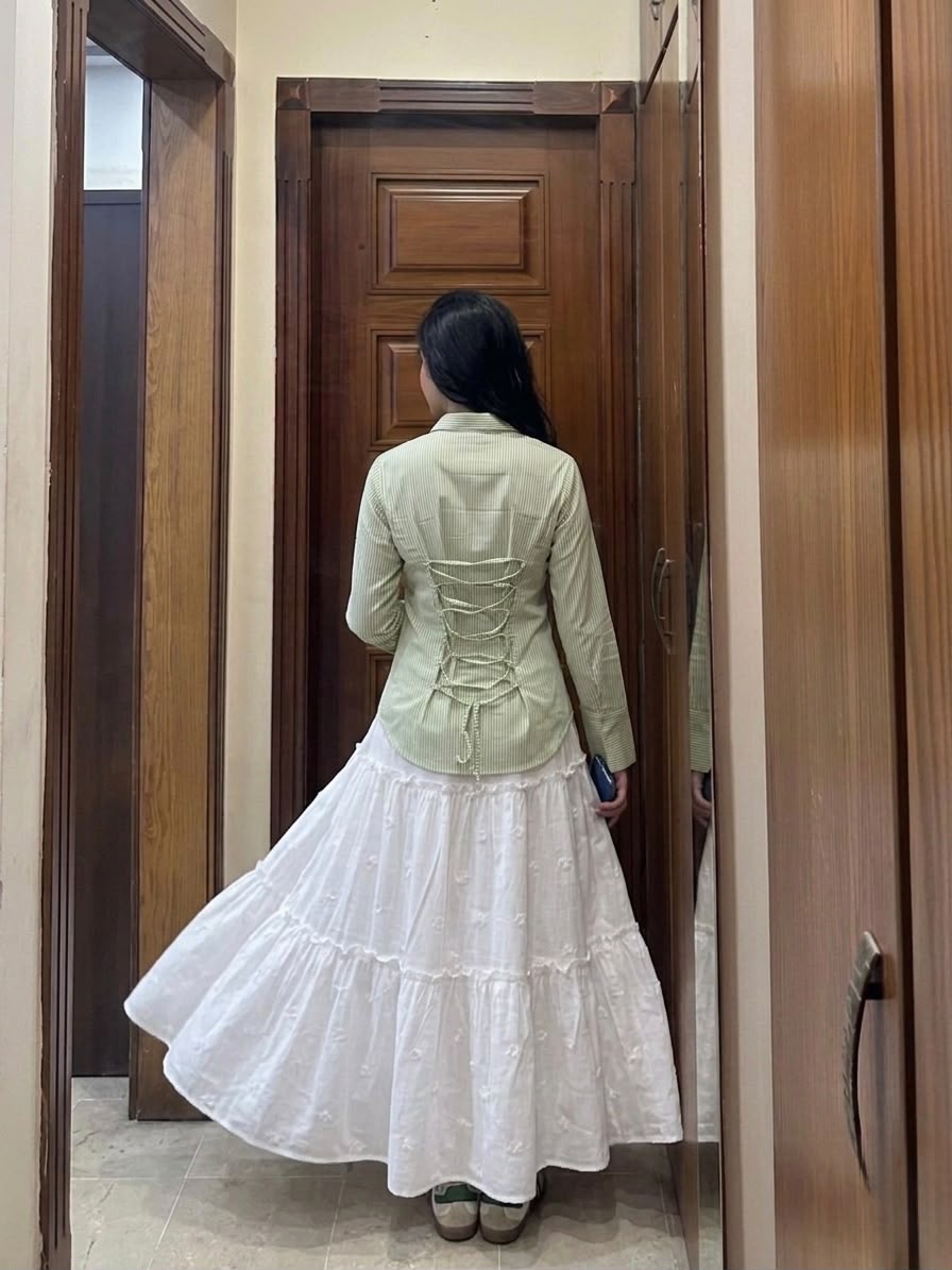 Summer Pistachio Corset Lining Shirt & White Tiered Skirt
