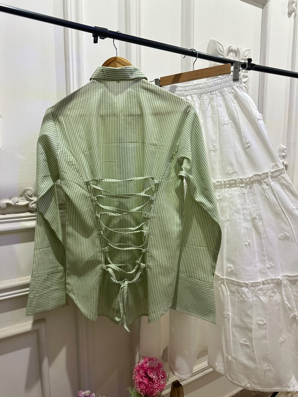 Summer Pistachio Corset Lining Shirt & White Tiered Skirt