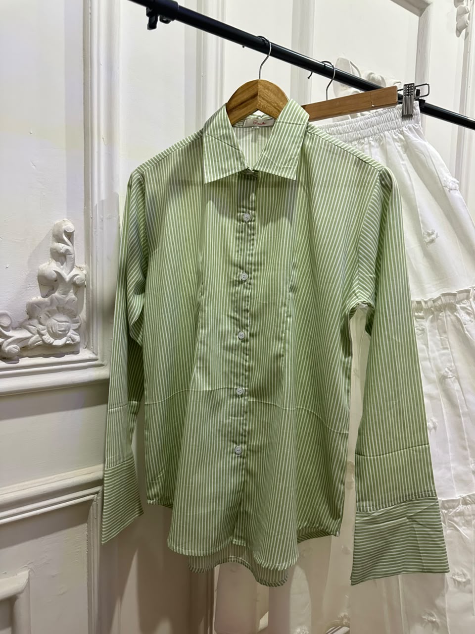 Summer Pistachio Corset Lining Shirt & White Tiered Skirt