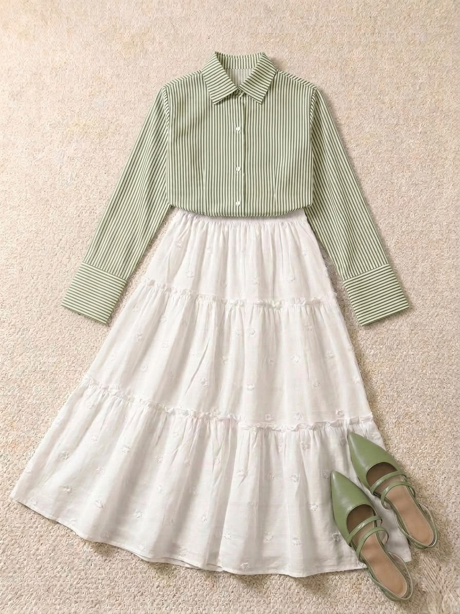 Summer Pistachio Corset Lining Shirt & White Tiered Skirt