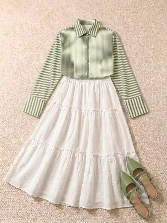 Summer Pistachio Corset Lining Shirt & White Tiered Skirt