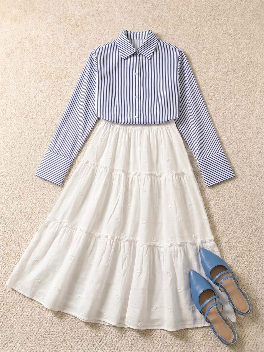 Blue Corset Lining Shirt & White Tired Skirt