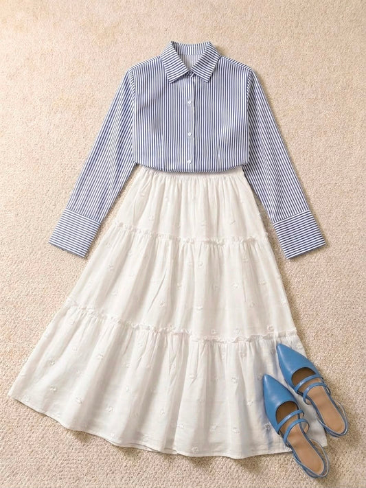 Blue Corset Lining Shirt & White Tired Skirt