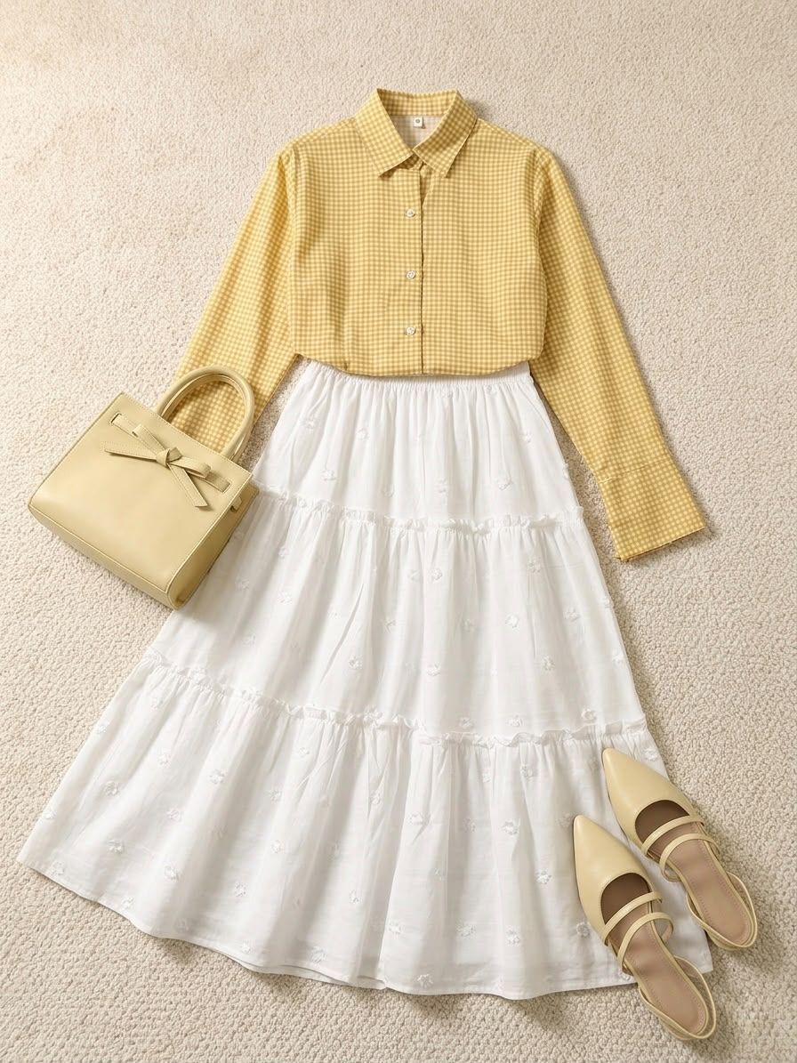 Yellow Checked Top & White Tiered Skirt