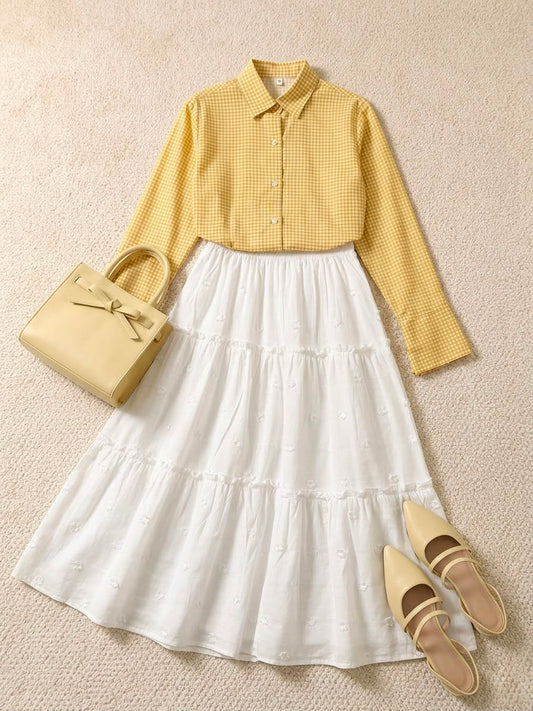 Yellow Checked Top & White Tiered Skirt