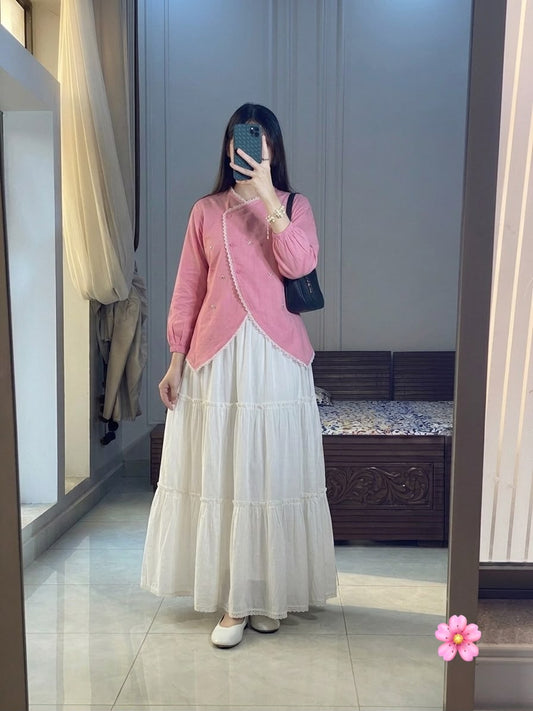 Summer Pink Tulip Top & White Skirt