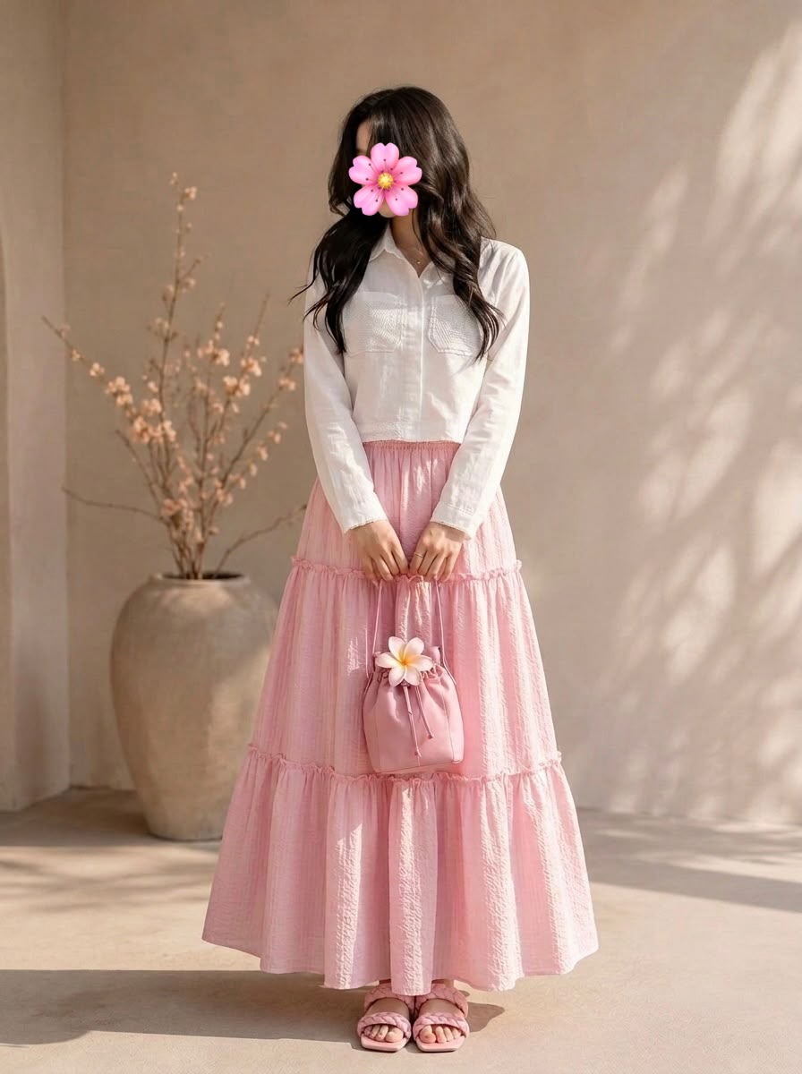 White Top & Pink Tired Skirt