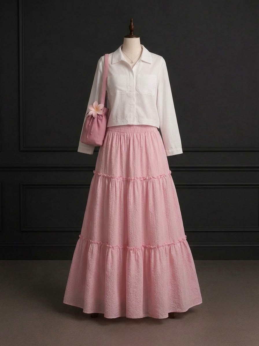 White Top & Pink Tired Skirt