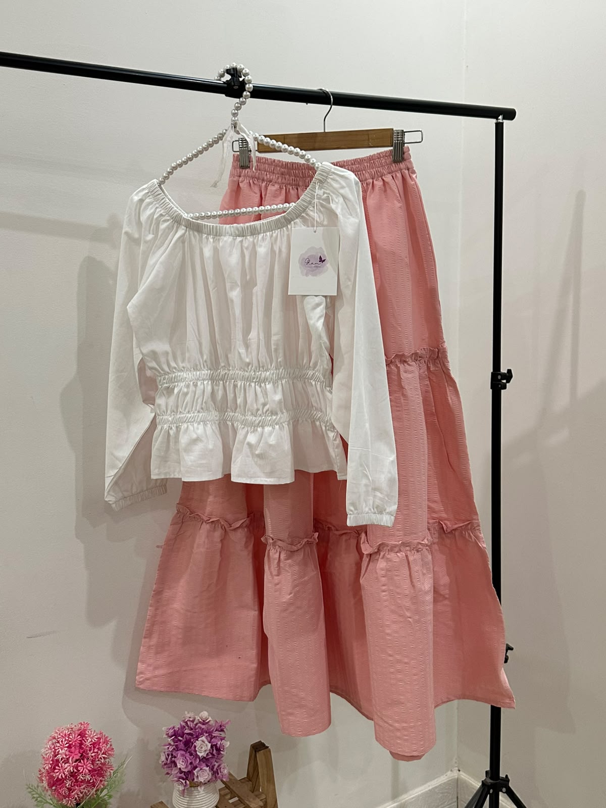 White Crop Top & Pink Tiered Skirt