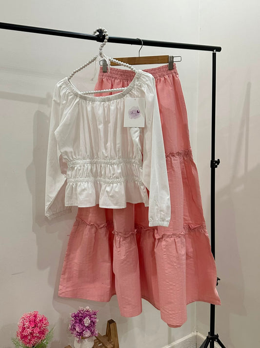 White Crop Top & Pink Tiered Skirt