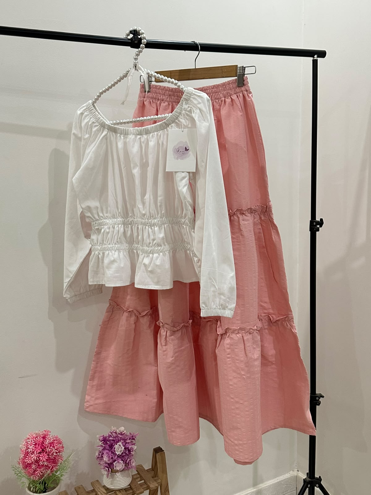 White Crop Top & Pink Tiered Skirt