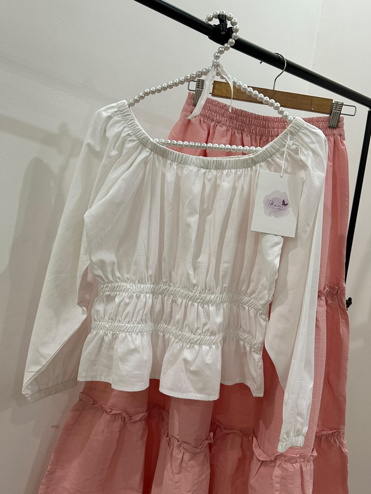 White Crop Top & Pink Tiered Skirt