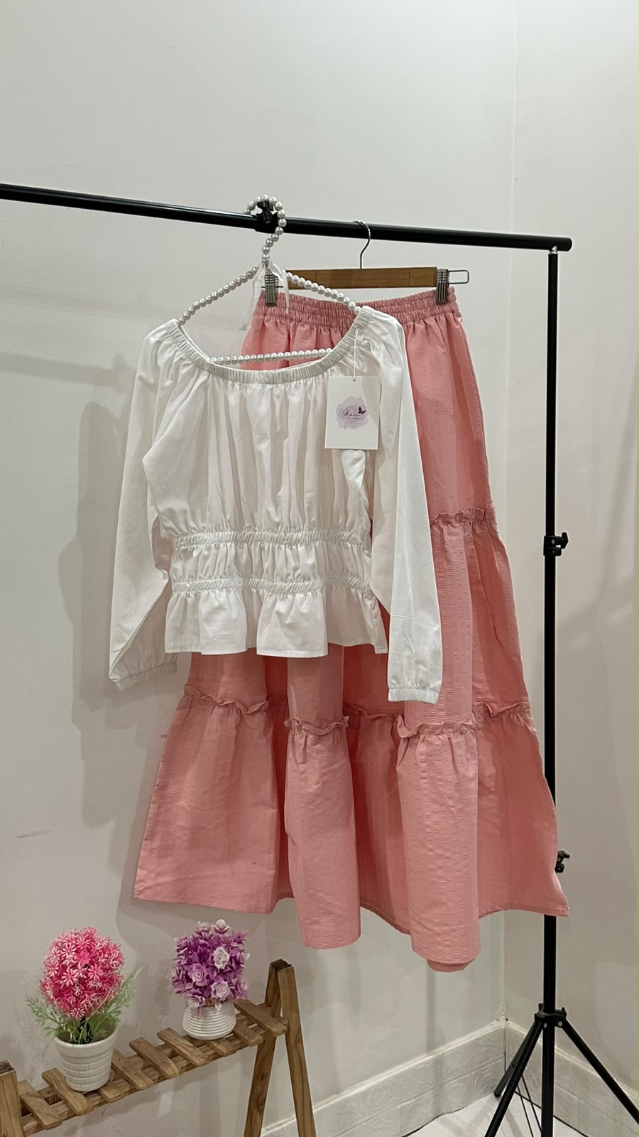 White Crop Top & Pink Tiered Skirt