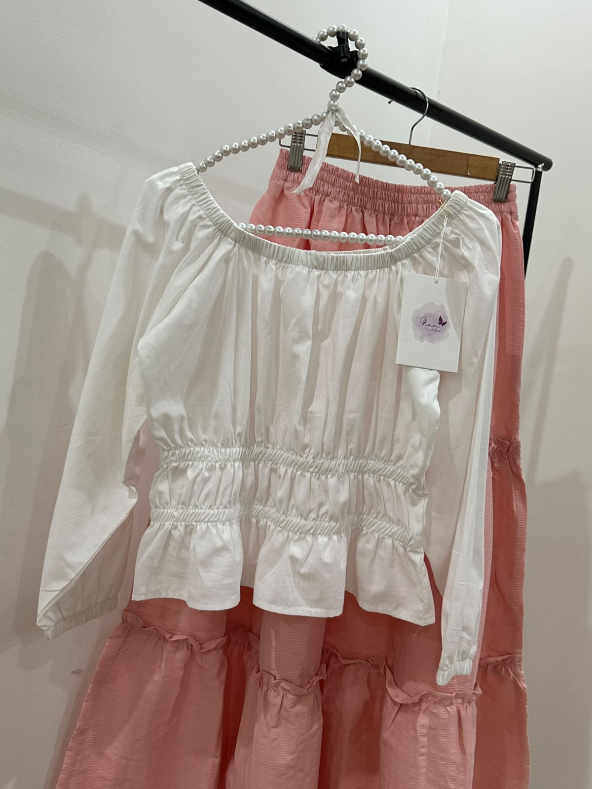 White Crop Top & Pink Tiered Skirt