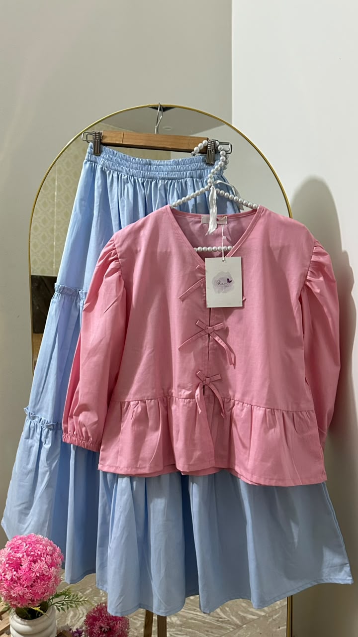 Pink Bow Top & Sky Tiered Skirt