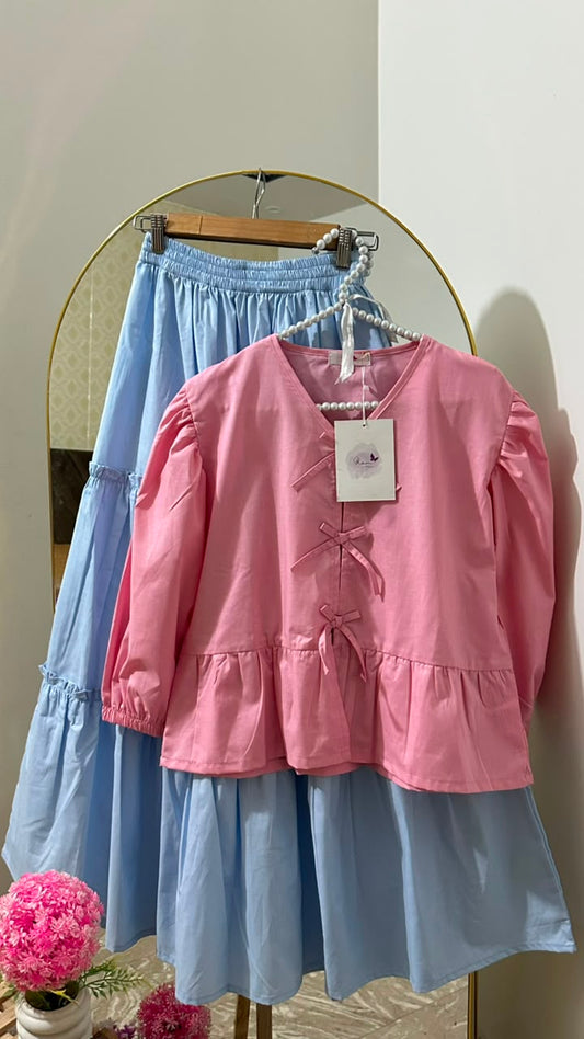 Pink Bow Top & Sky Tiered Skirt