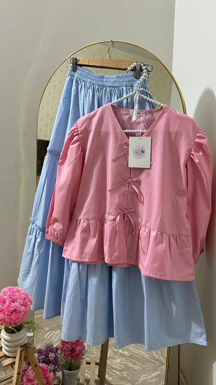 Pink Bow Top & Sky Tiered Skirt