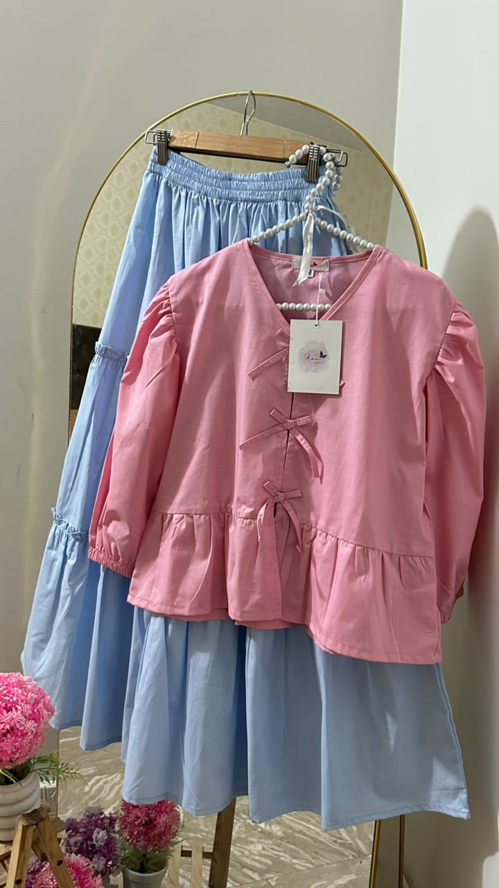 Pink Bow Top & Sky Tiered Skirt