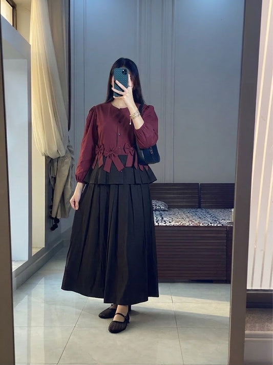Maroon Bow Top & Black Box Plate Skirt