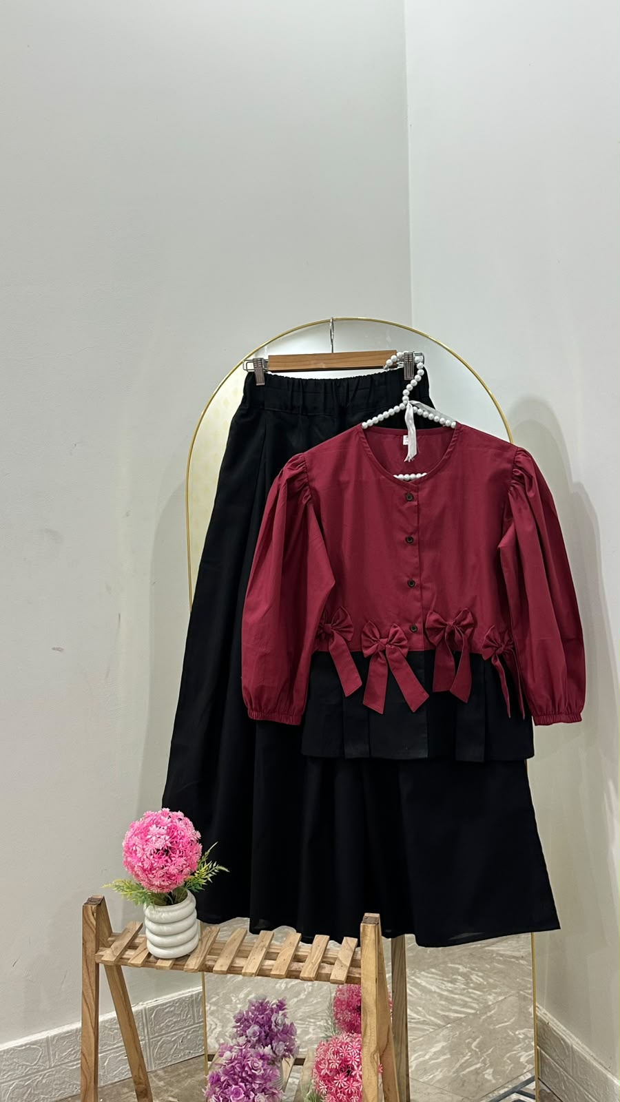 Maroon Bow Top & Black Box Plate Skirt