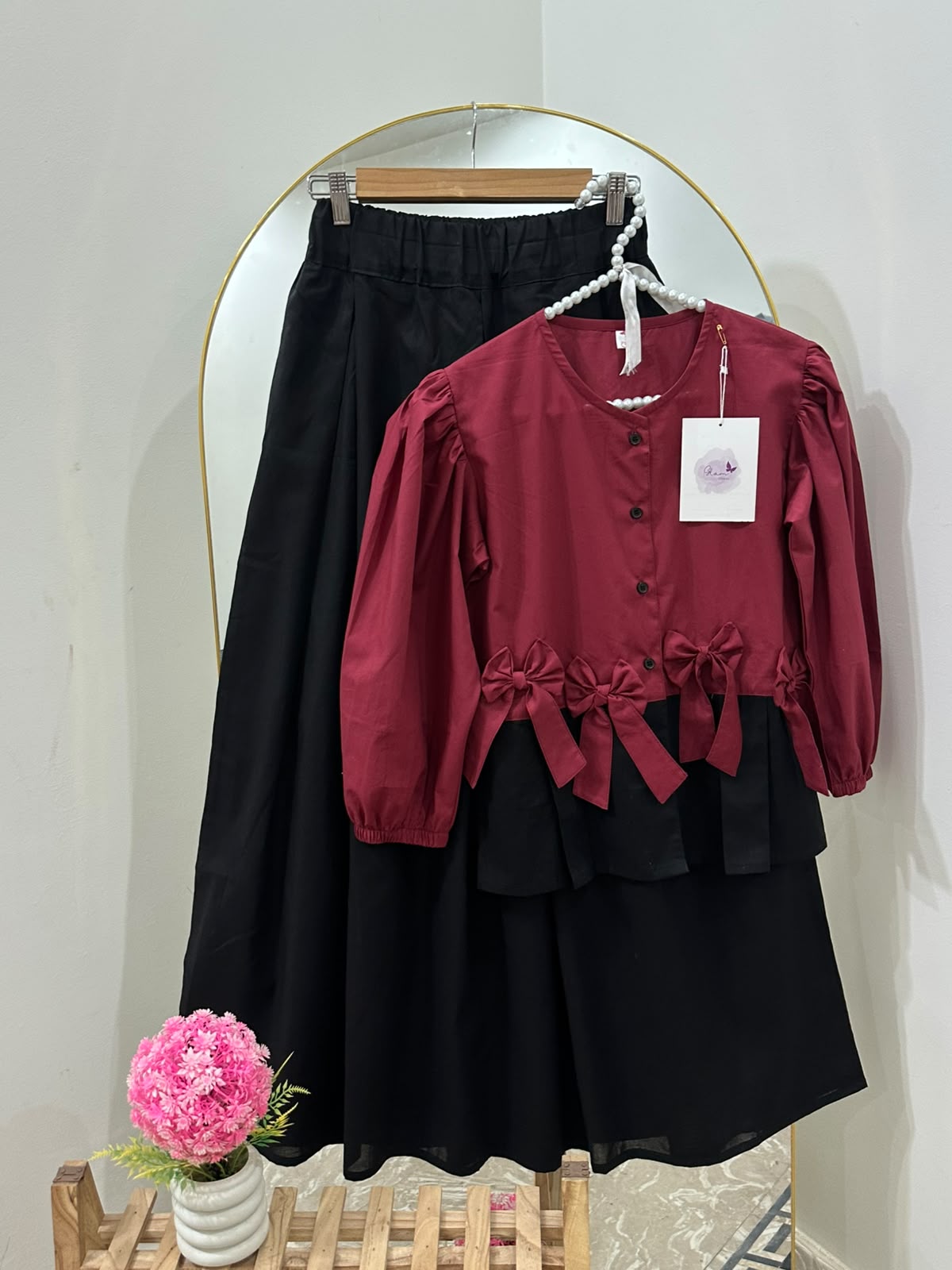Maroon Bow Top & Black Box Plate Skirt