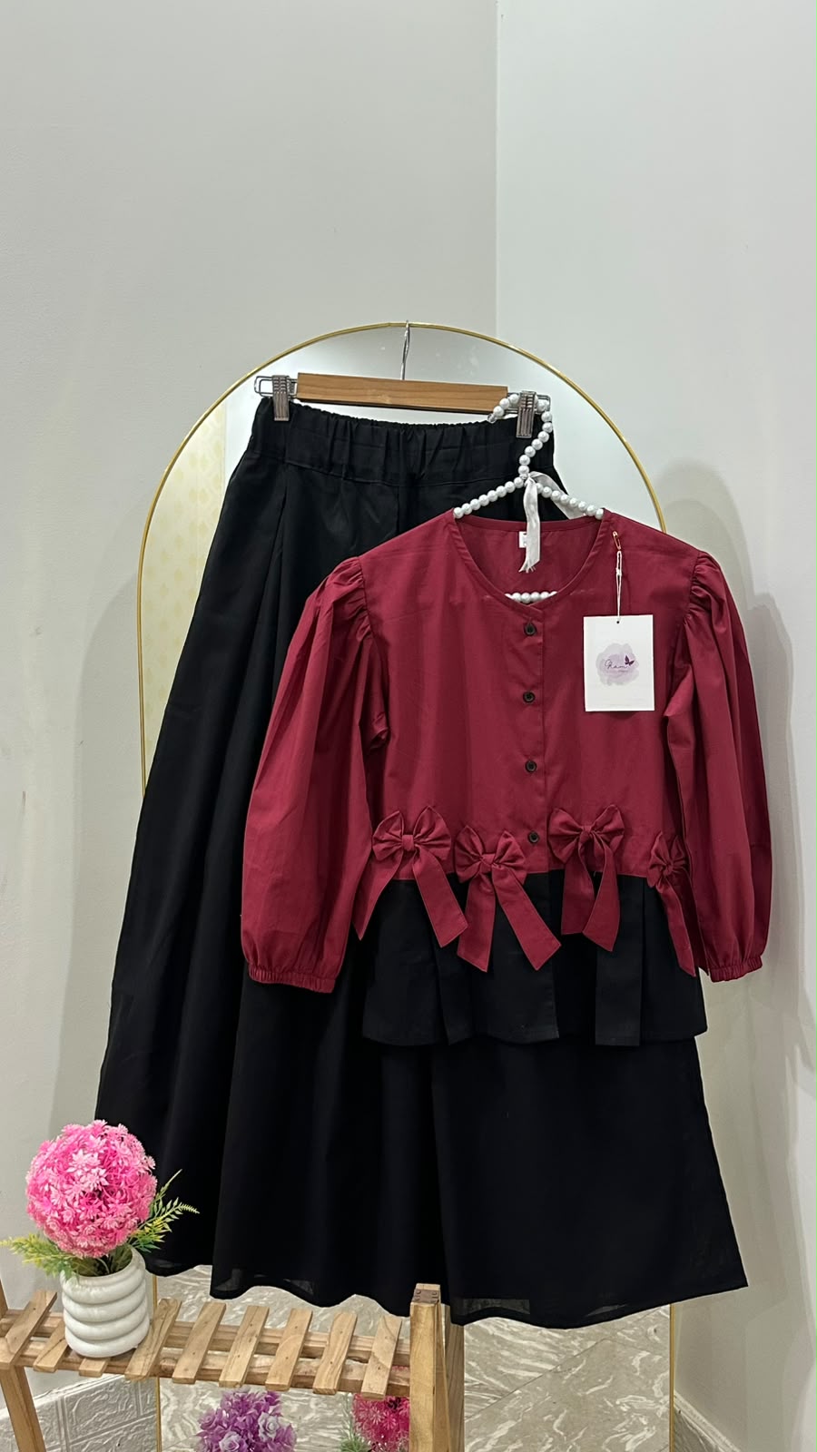 Maroon Bow Top & Black Box Plate Skirt
