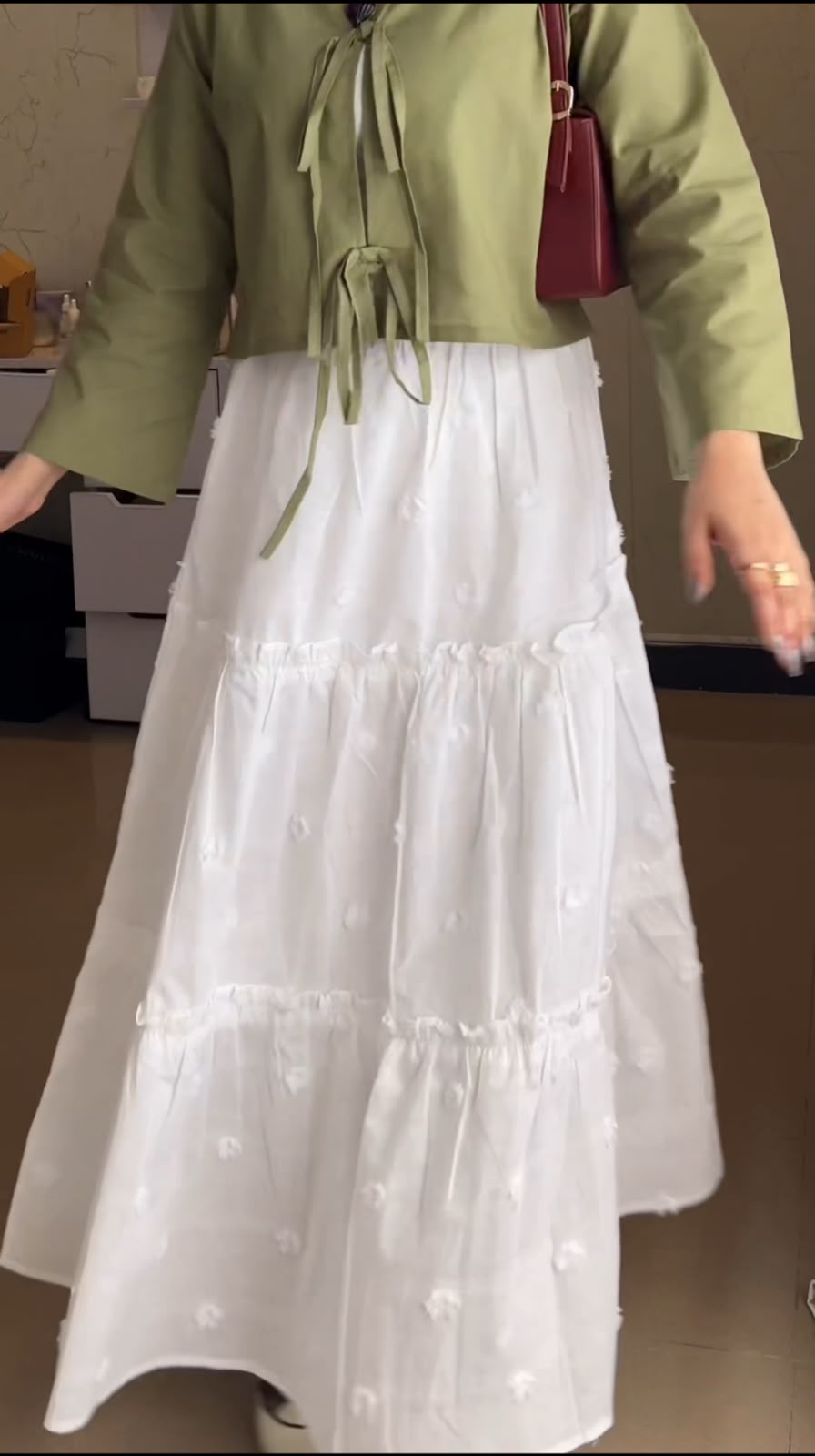 Olive V-Neck & White Embroidered Skirt
