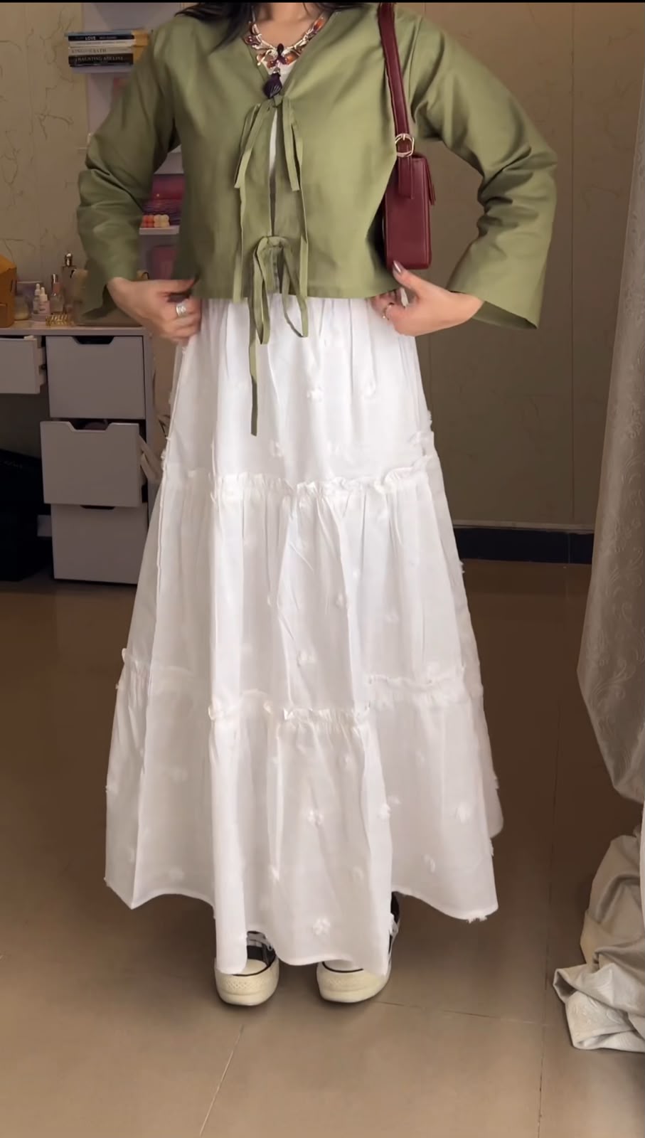 Olive V-Neck & White Embroidered Skirt