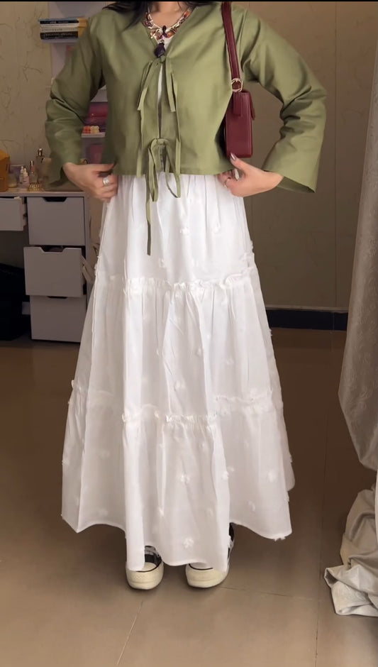Olive V-Neck & White Embroidered Skirt