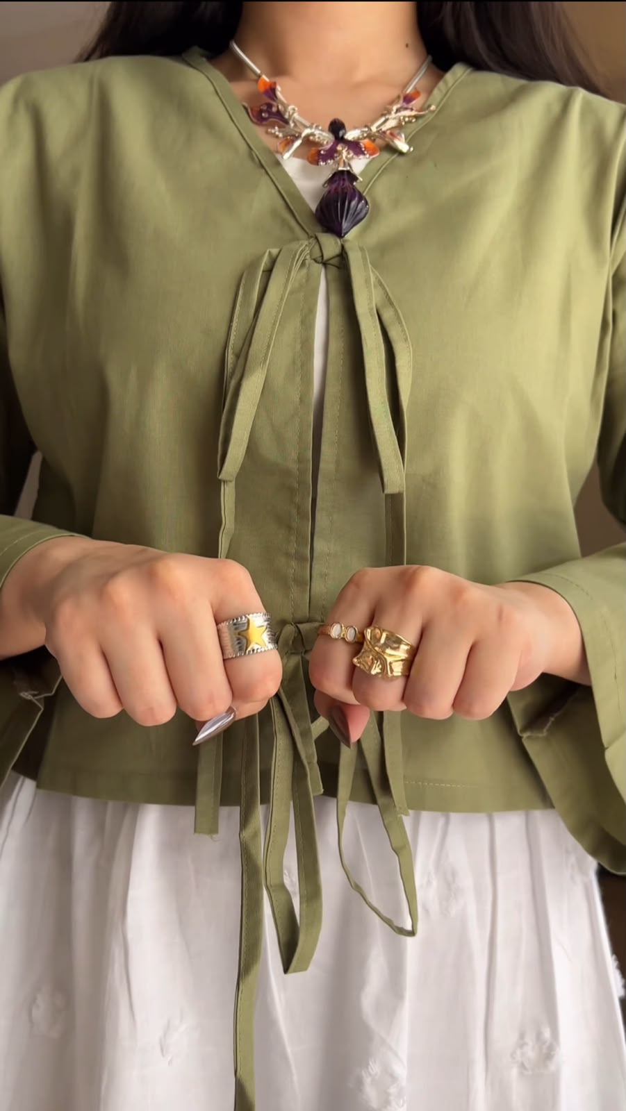 Olive V-Neck & White Embroidered Skirt