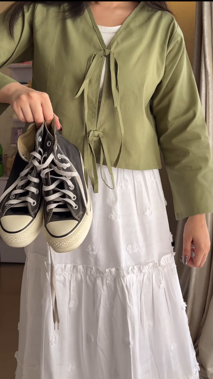 Olive V-Neck & White Embroidered Skirt