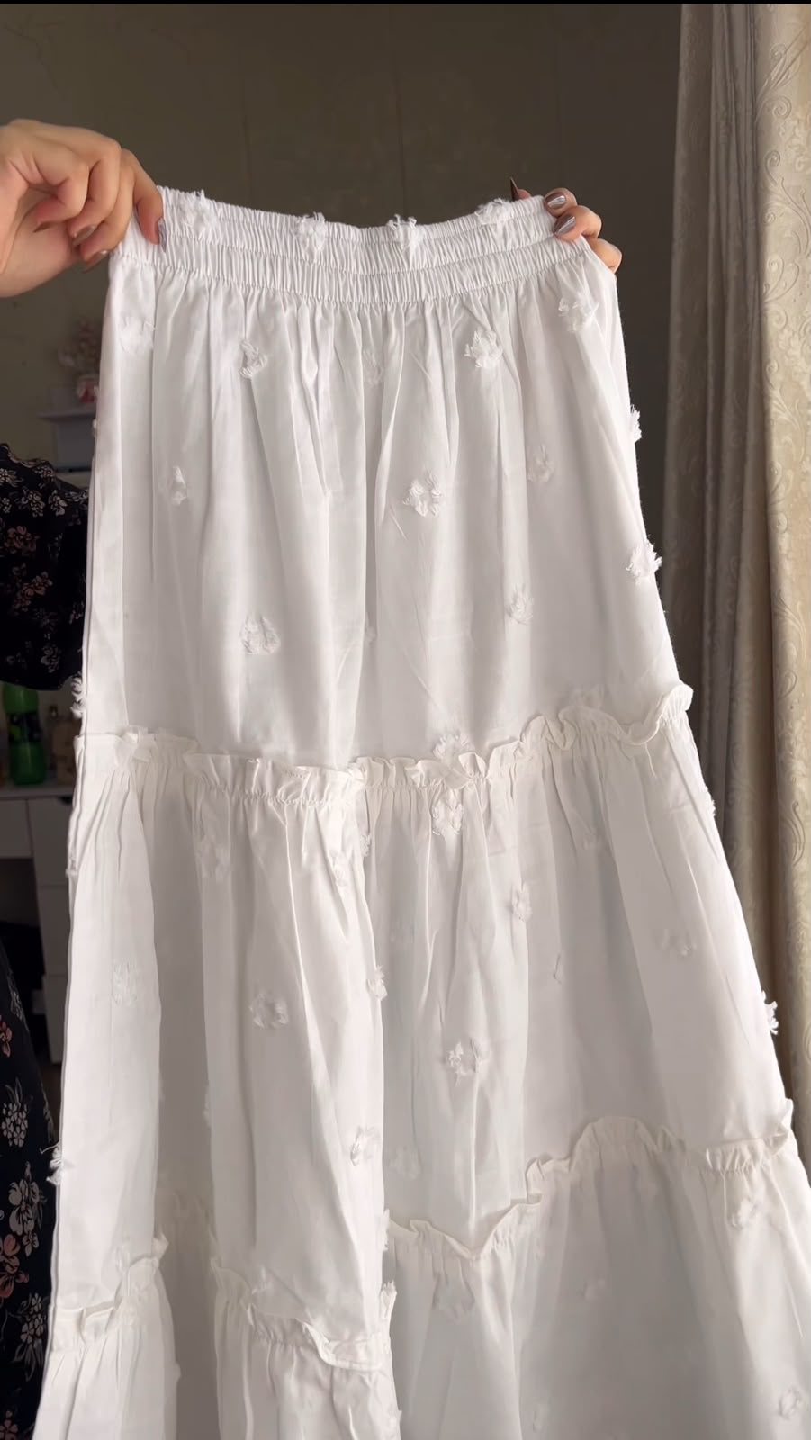 Olive V-Neck & White Embroidered Skirt