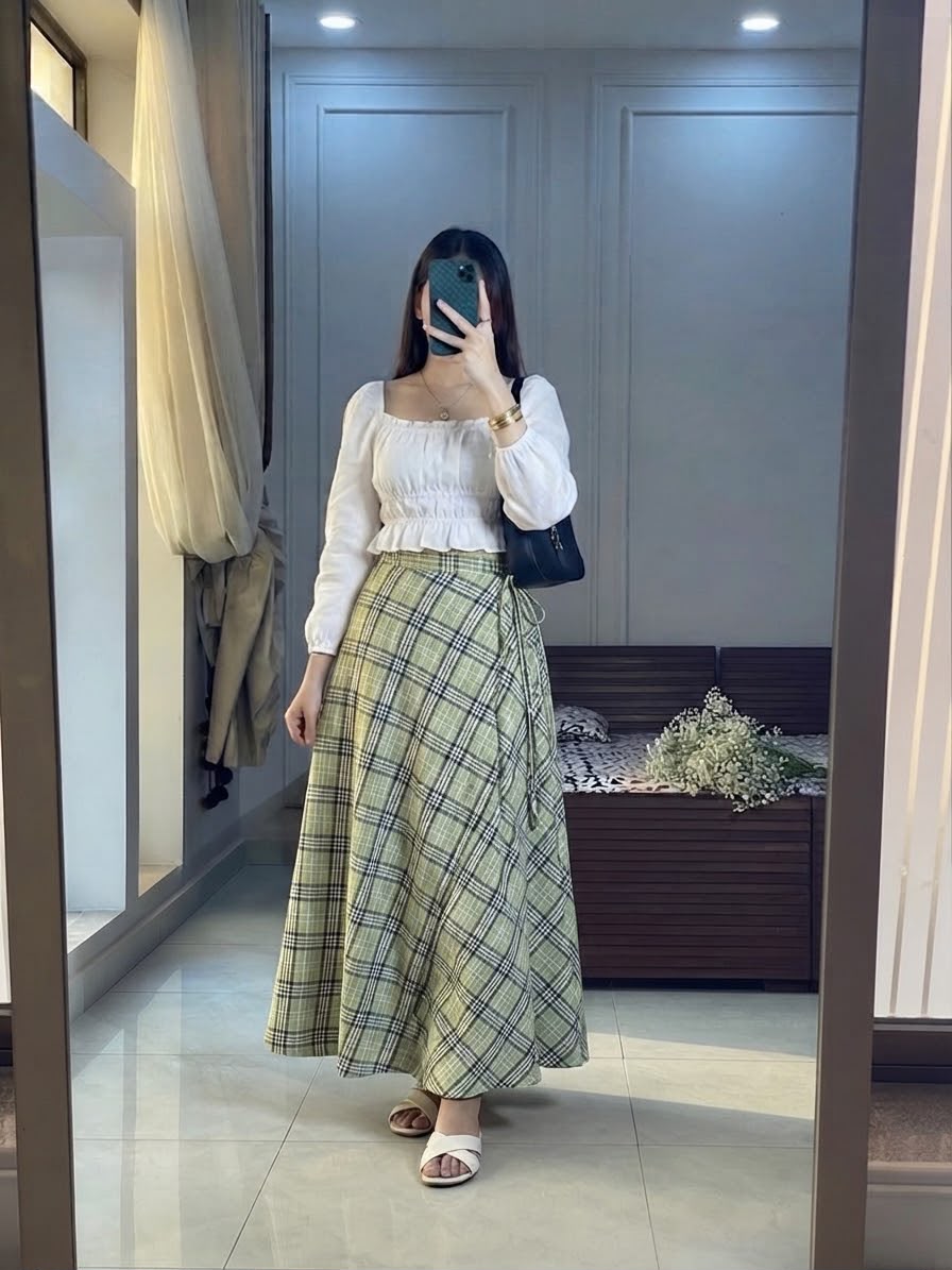 White Crop Top & Meadow Green Checked Skirt