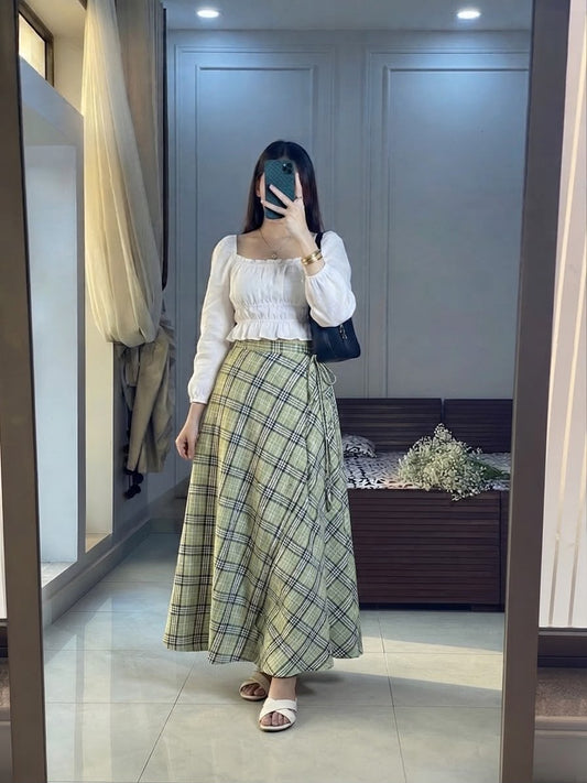 White Crop Top & Meadow Green Checked Skirt