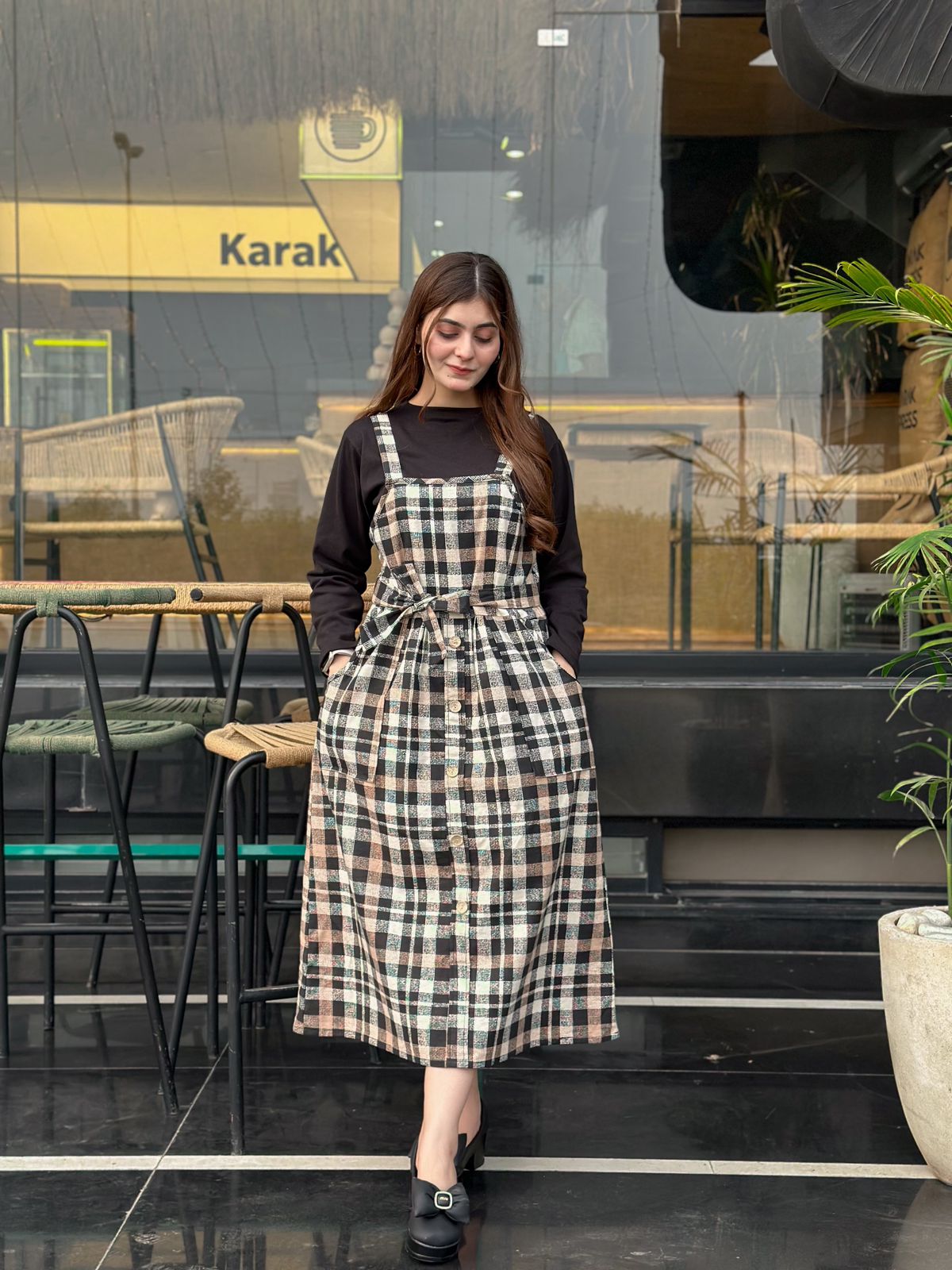 Brown Black Check  Strip Square Check Belted Dress
