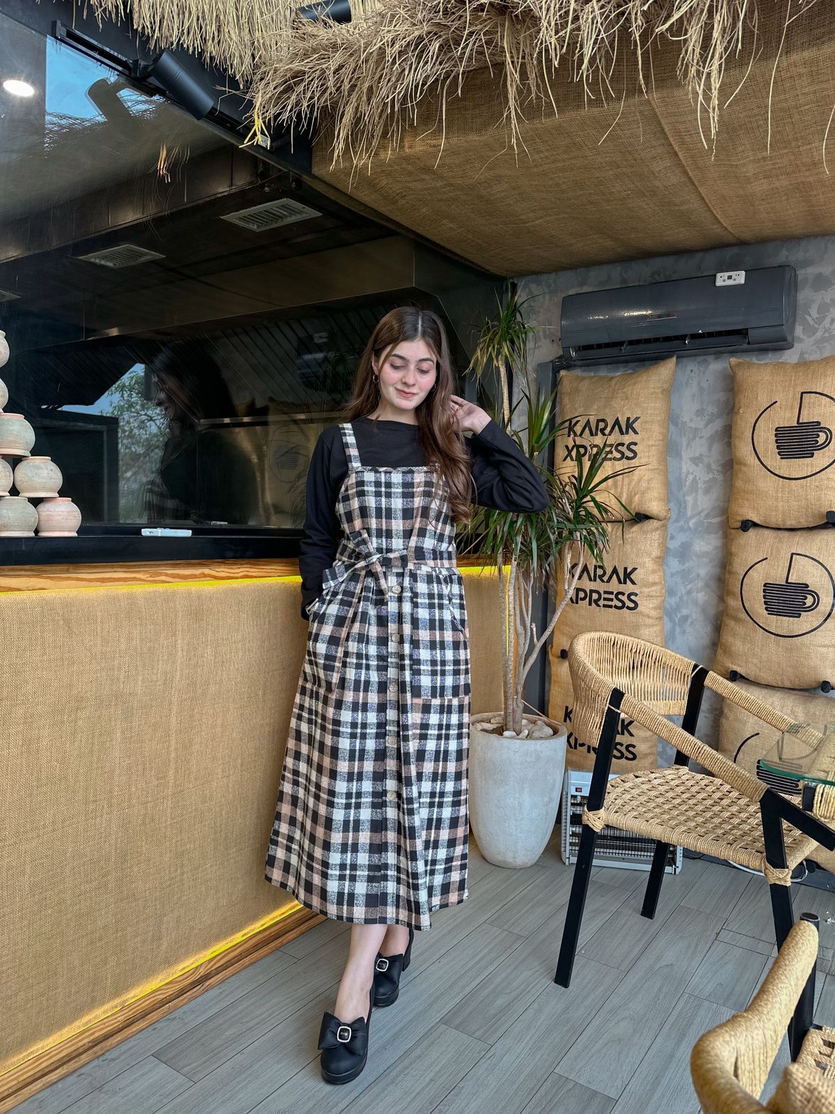 Brown Black Check  Strip Square Check Belted Dress
