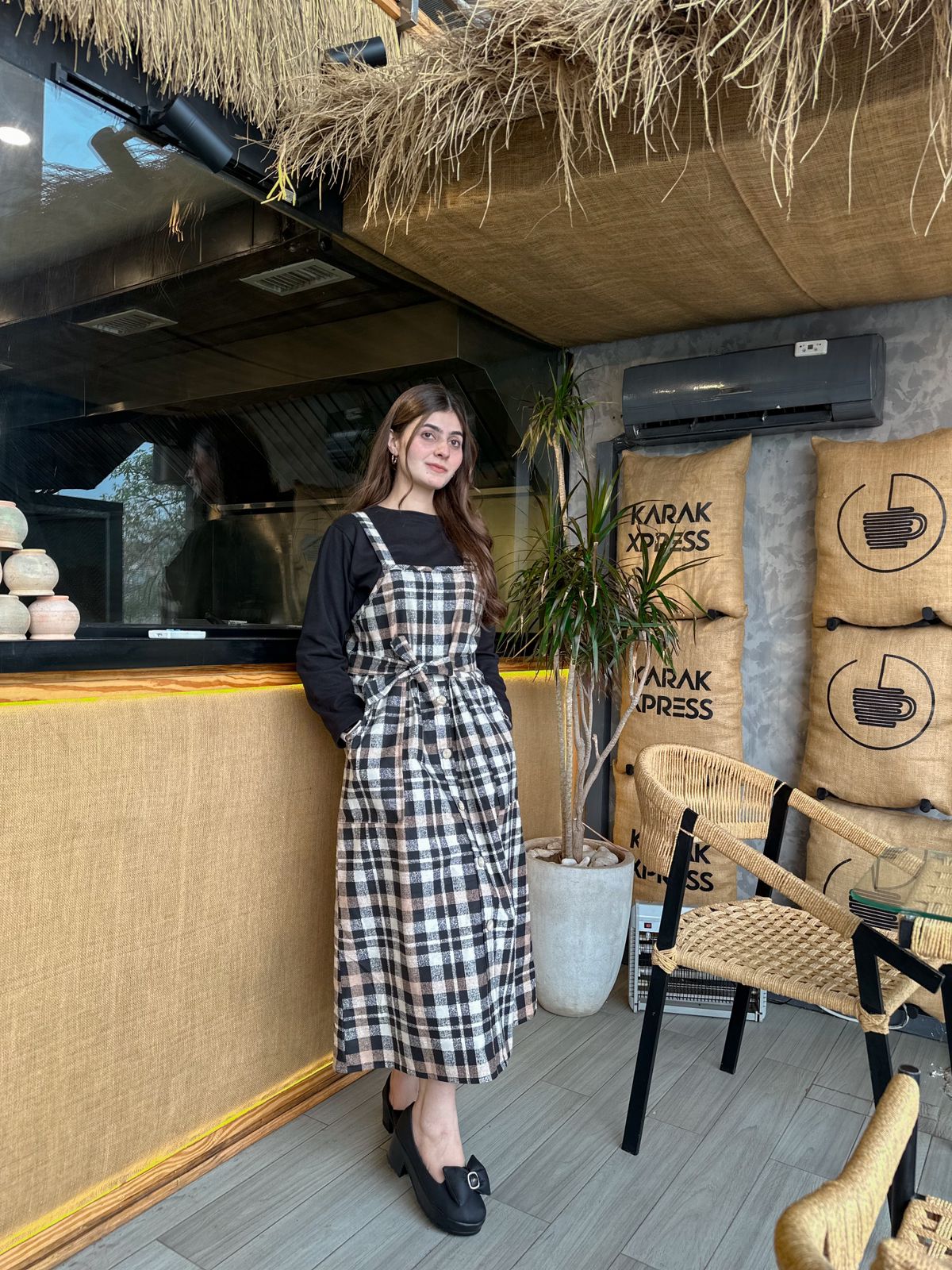 Brown Black Check  Strip Square Check Belted Dress