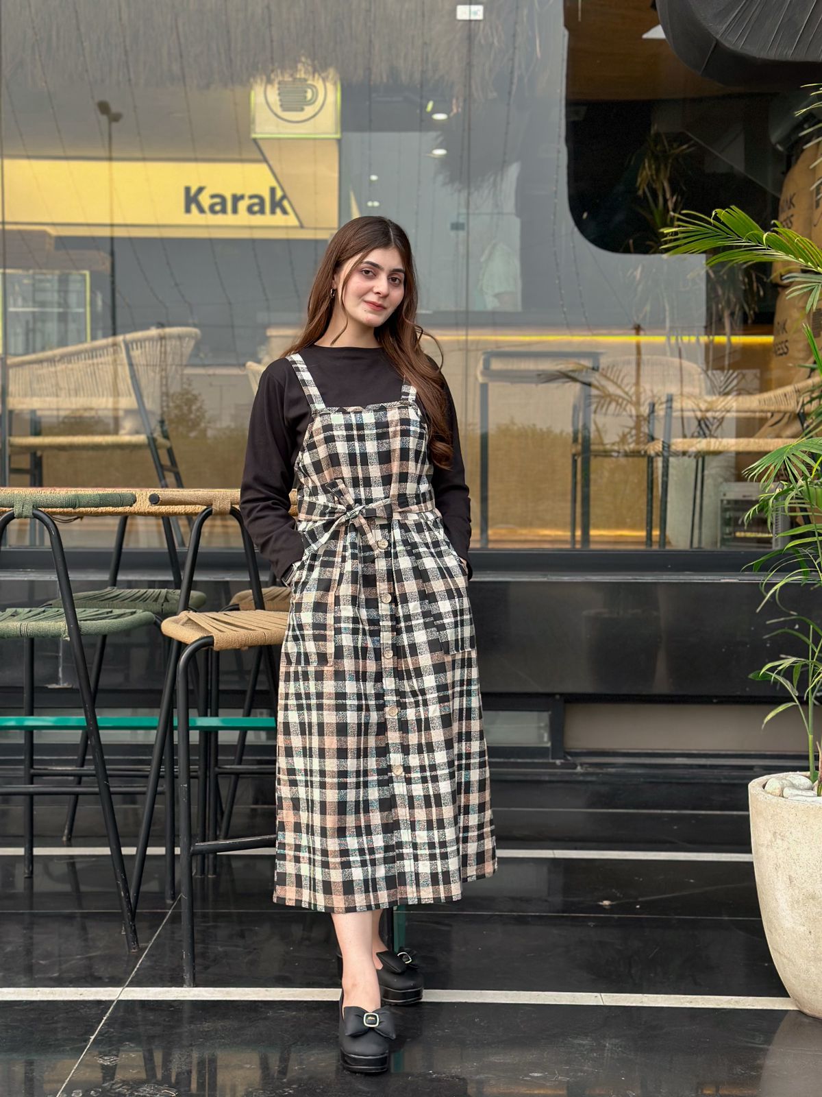 Brown Black Check  Strip Square Check Belted Dress