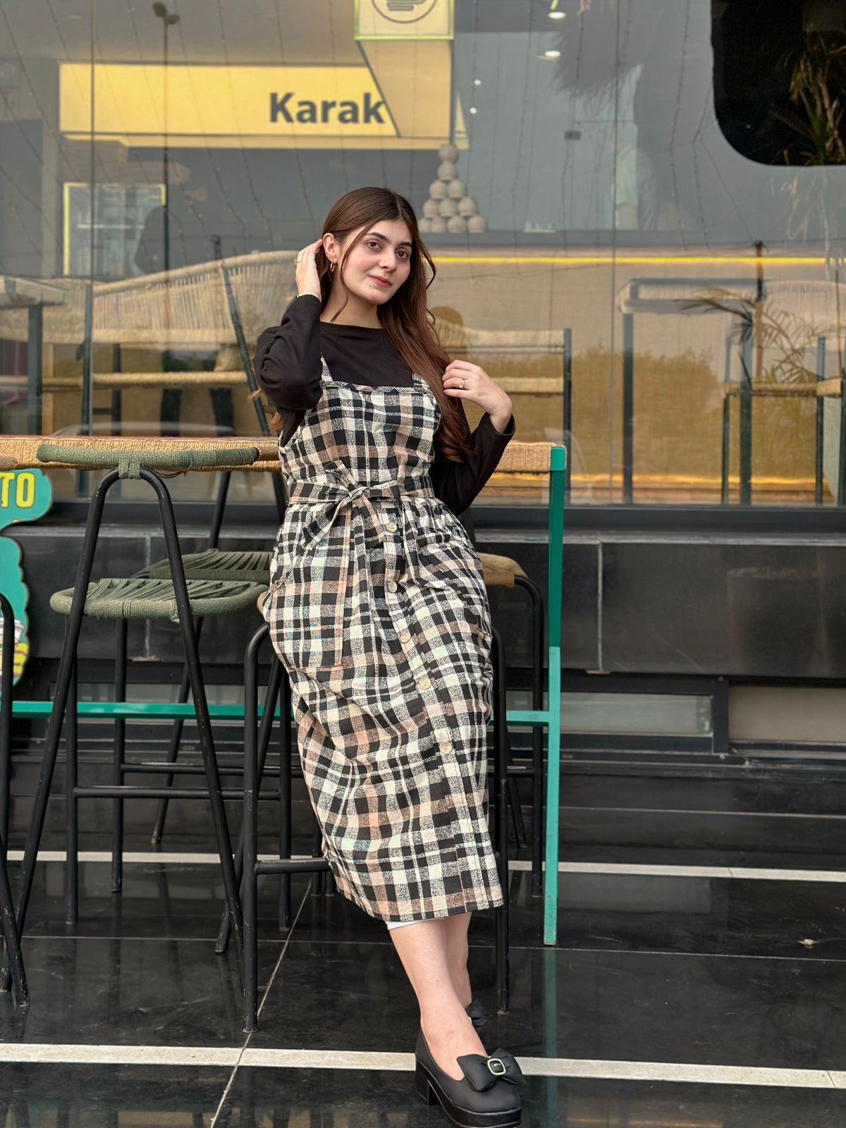 Brown Black Check  Strip Square Check Belted Dress
