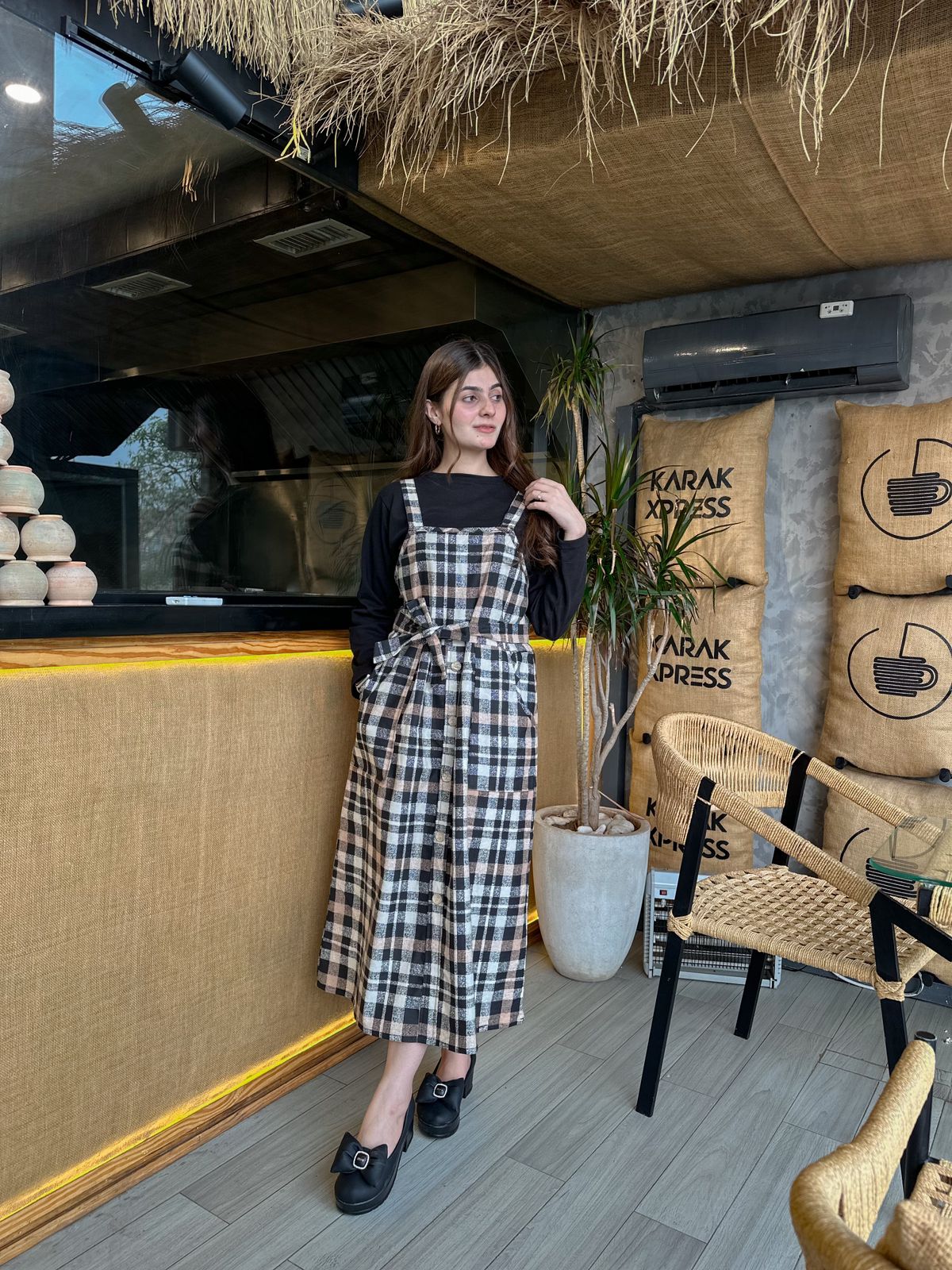 Brown Black Check  Strip Square Check Belted Dress