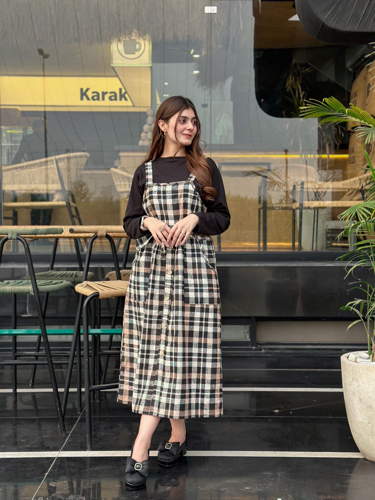 Brown Black Check  Strip Square Check Belted Dress